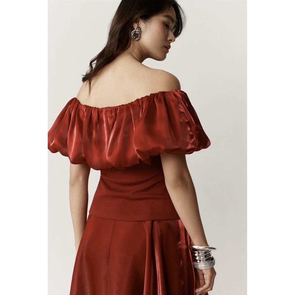 ANTHROPOLOGIE Blnk LONDON New Flattering OffShoulder SMALL Bubble Top Blouse Red - Picture 13 of 15